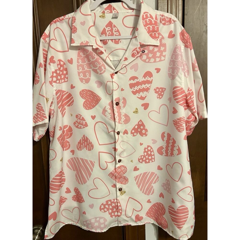 FEIFEIYU Shirts Men’s XL Casual Button Down Short Sleeve Hearts Valentine Shirt